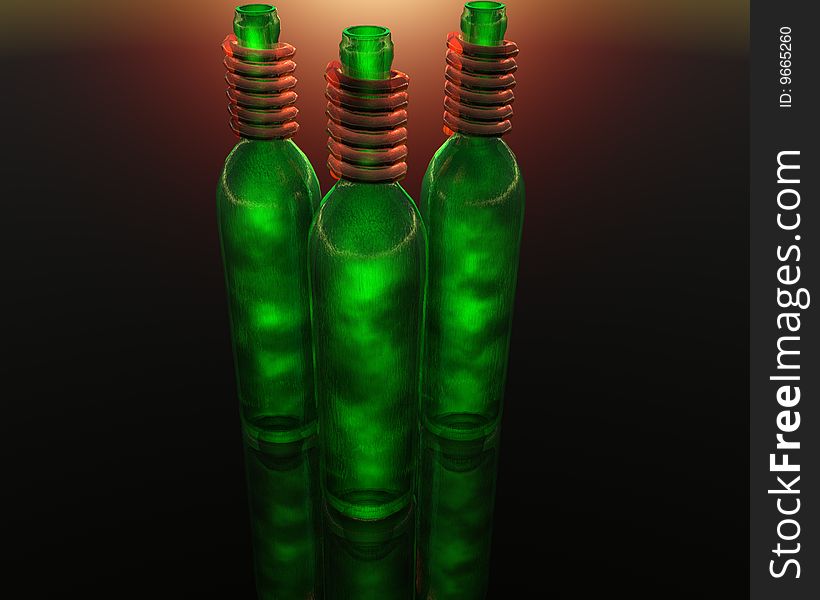 3D green wine bottle on colorful background
