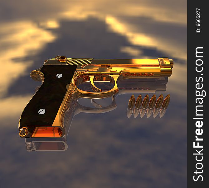Closeup of pistol with golden bullets. Closeup of pistol with golden bullets