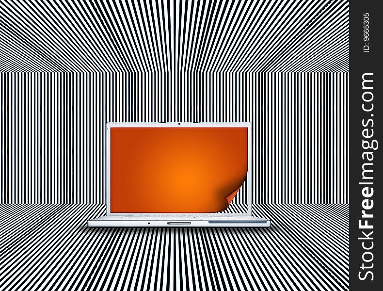 Laptop with creative curling screen on the stripes background