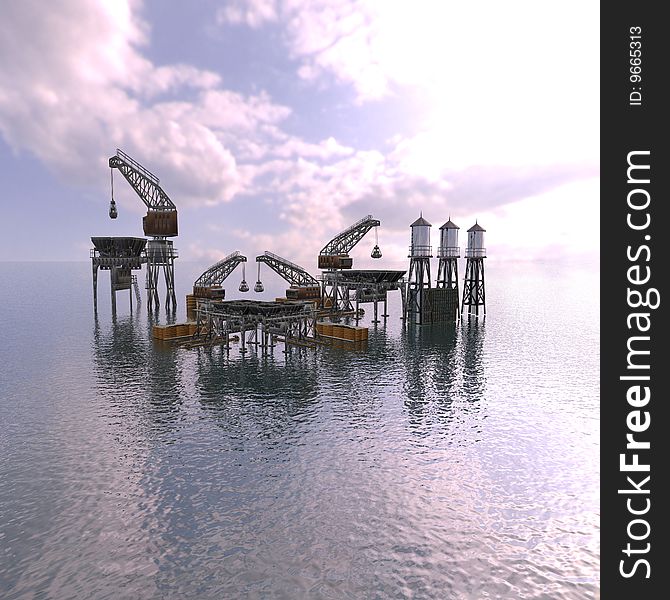 Drilling Platform in sea with clouds sky