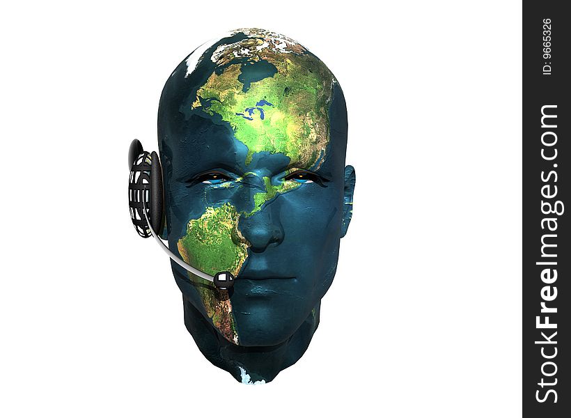 3D men head with earth texture with headphone