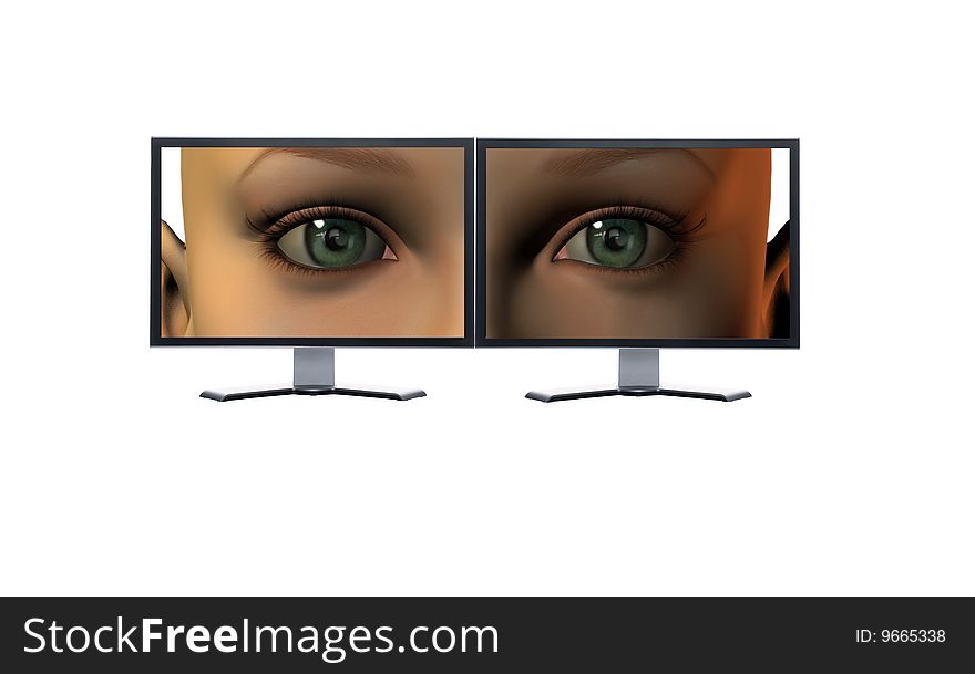 Girl Eyes On A Screens Isolated On A White
