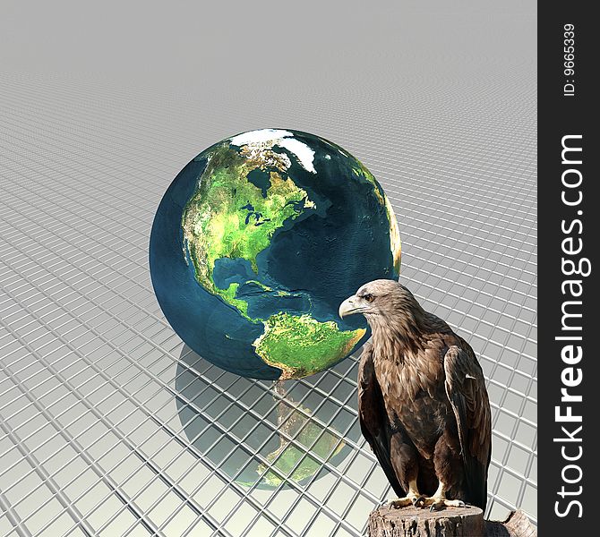 3D globe with eagle on the stripes background
