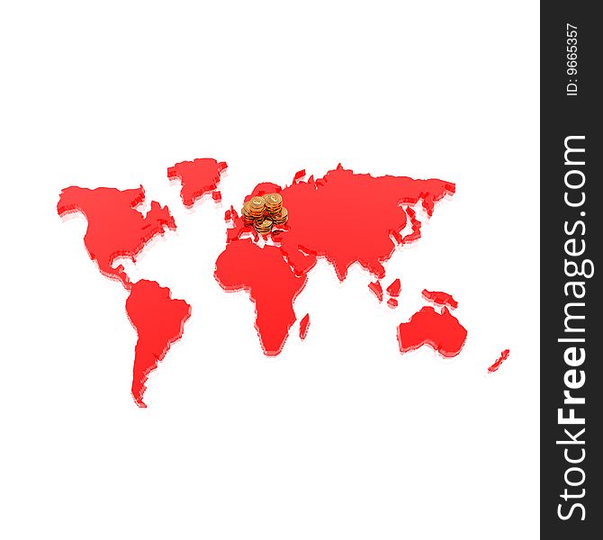 Golden Coins On World Map Isolated On A White