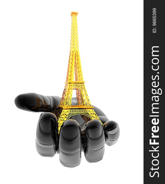 Eiffel Tower in Paris on the hand isolated on a white background