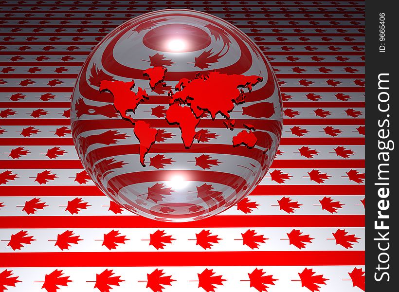 3D model of world map with canadian flag in background