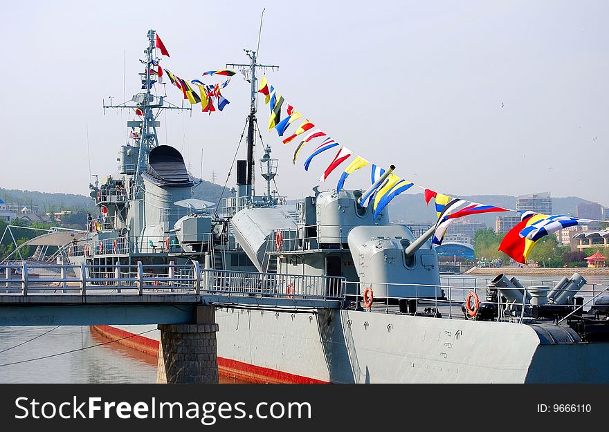 Military ship in rear view. Dalian, China.