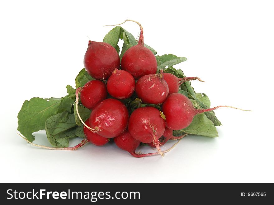 A group of fresh radishes over white background.