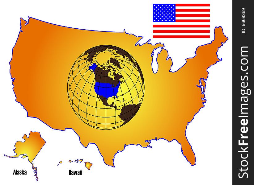 A illustration of an Big American map and flag on white background. World globe