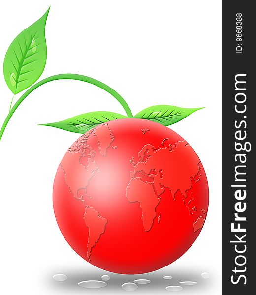 Planet earth which symbolizes a fruit with leaves. conceptual image. Planet earth which symbolizes a fruit with leaves. conceptual image