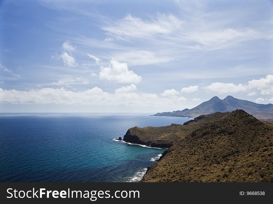 Air, water and land in coastal landscape.