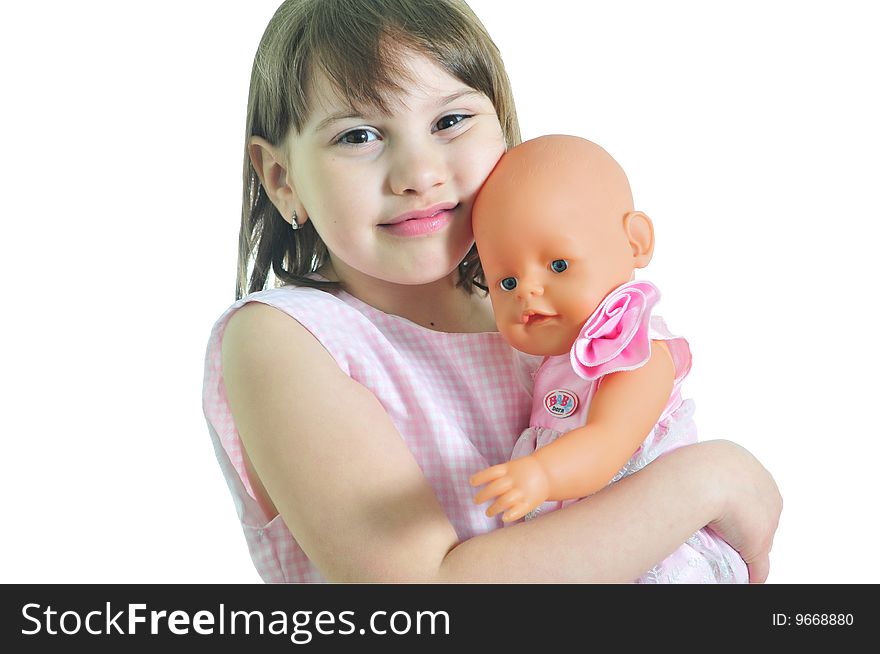 Smiling girl with doll isolated on the white background