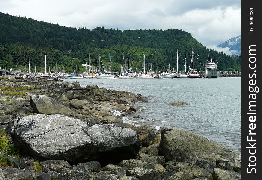 Alaskan coast and port with ships