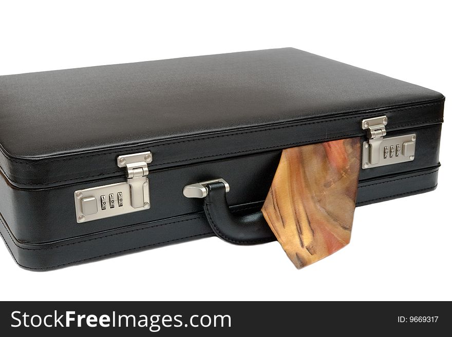 Leather black suitcase with tie on white background