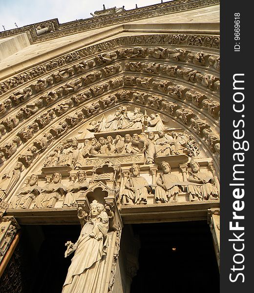 Detail of sculptures on Notre dame cathedral , Paris, France. Detail of sculptures on Notre dame cathedral , Paris, France