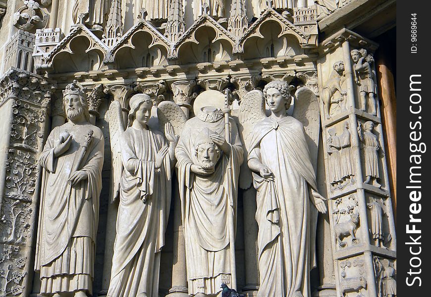 Detail of sculptures on Notre dame cathedral , Paris, France. Detail of sculptures on Notre dame cathedral , Paris, France