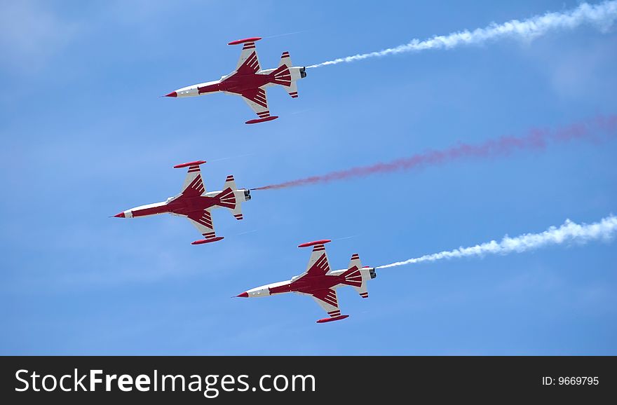 Jet fighters in flight on airshow at military airport Krumovo, Bulgaria