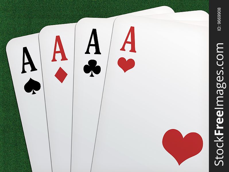 Illustration of a poker of aces  with heart's card in evidence. Green table background. Illustration of a poker of aces  with heart's card in evidence. Green table background.