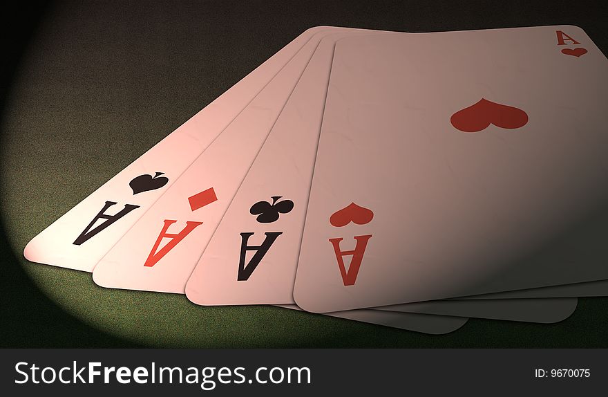 Illustration of a poker of aces, with heart's card in evidence and isolated on a green table backround. Illustration of a poker of aces, with heart's card in evidence and isolated on a green table backround.