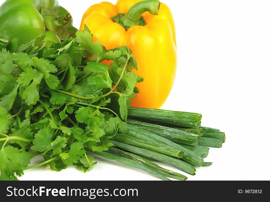 Yellow and green paprika with green onion  and fresh cilantro isolated on white. Yellow and green paprika with green onion  and fresh cilantro isolated on white.