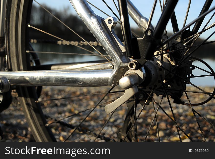 A detail view at a bycicle. A detail view at a bycicle.