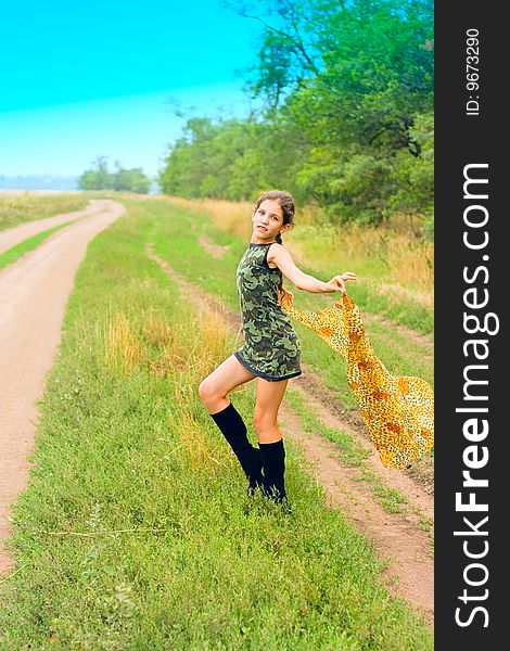 Portrait girl on nature on road