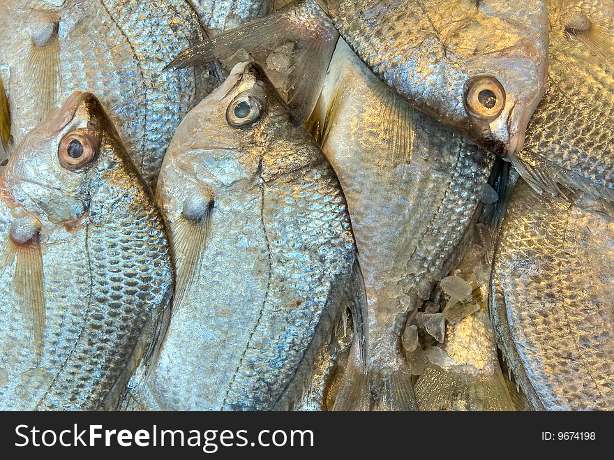 View in close up of a pile of fish on a market's tables.