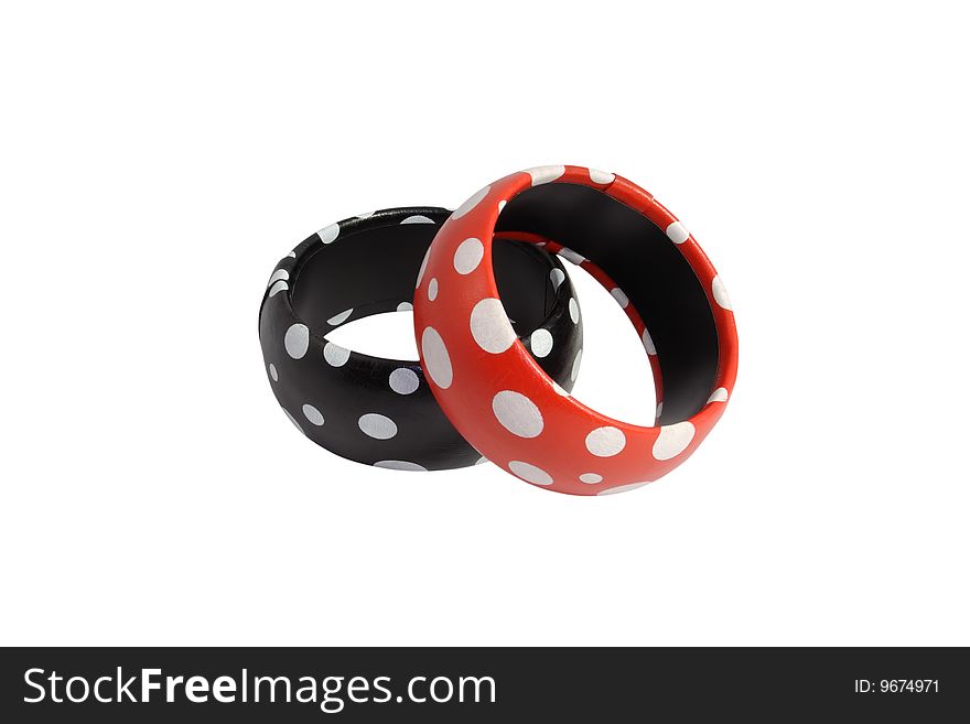 Two female, leather bracelets, red and black, located on the isolated white background