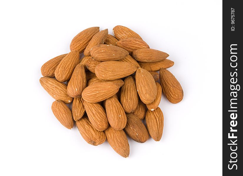Pile of almonds on white background