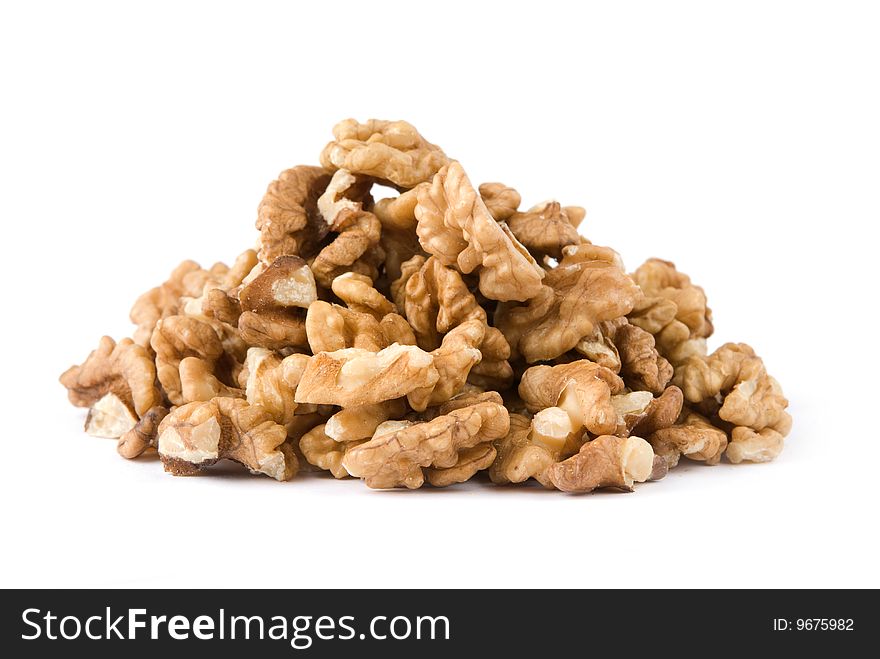 Pile of walnuts on white background