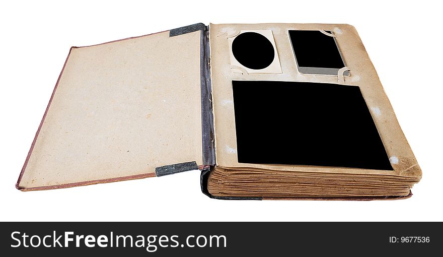 Vintage photo album with blank photos isolated on white background with clipping path