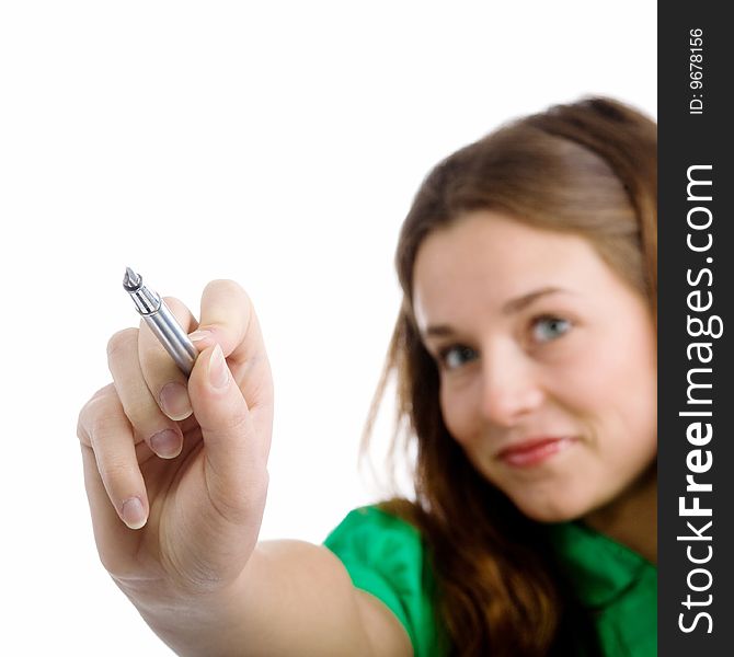 An image of a young girl with a pen. An image of a young girl with a pen