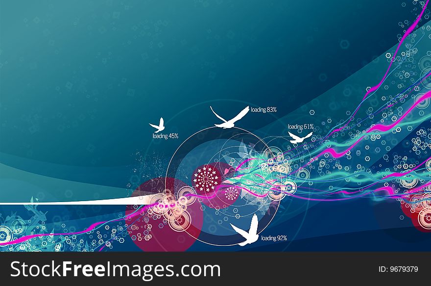 Abstract composition with lots of lines, birds and blue background.