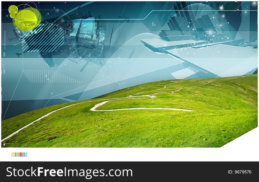 Spring mountain with meadow and abstract line graphical elements in sky.