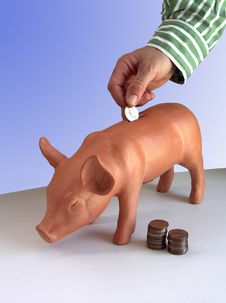 Hand Dropping Coin In Piggy Bank Stock Photography