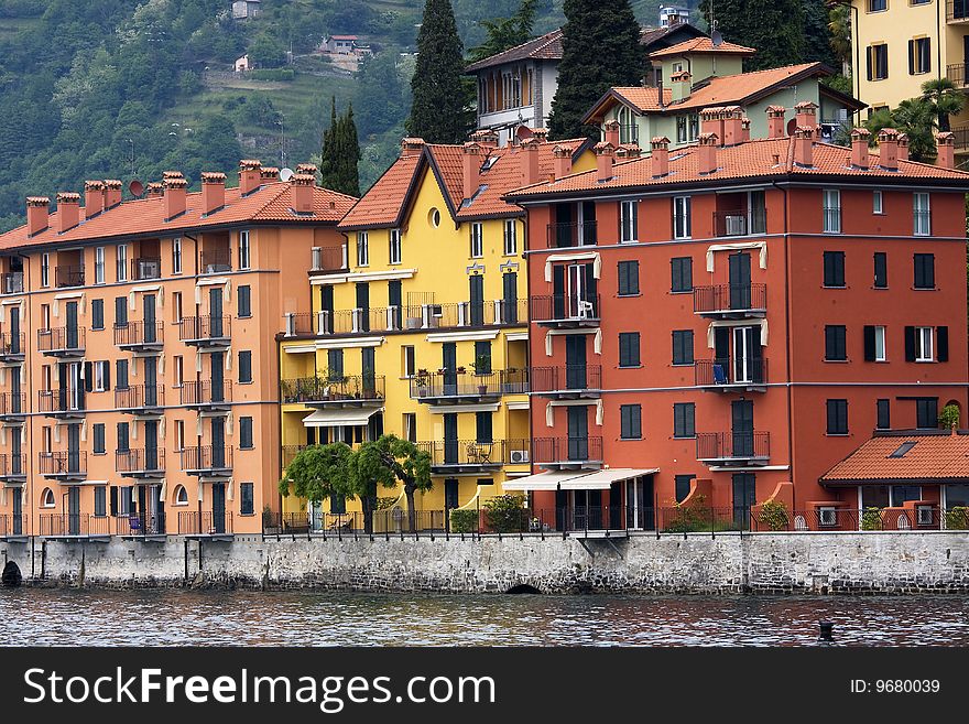 Palaces on the lake in different colors