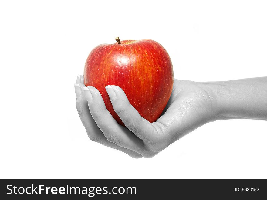 Hand with apple isolated on white background. Hand with apple isolated on white background