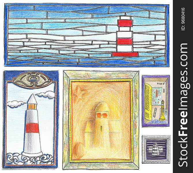 Illustration of pencil drawing lighthouses. Illustration of pencil drawing lighthouses.