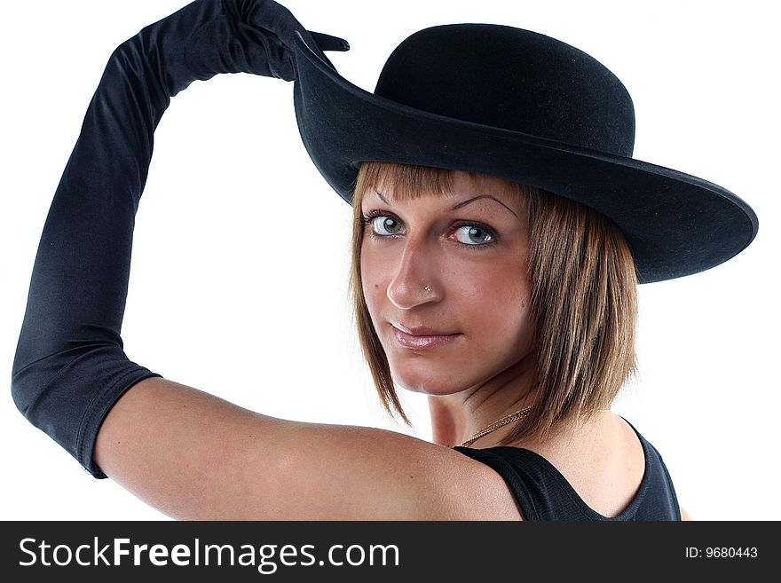 Lovely yong woman in hat and gloves isolated on white background