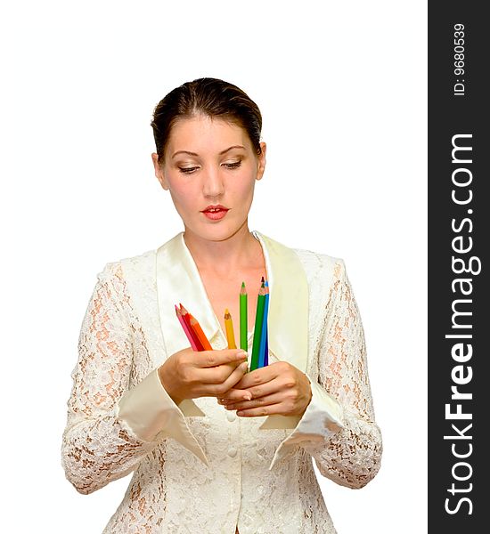 Portrait woman with color pencils isolated on white