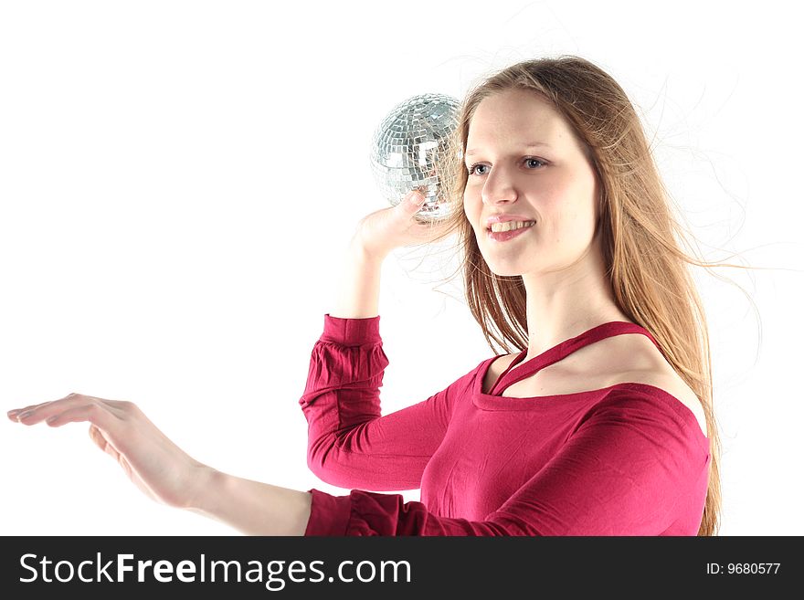 Young woman with Glass sphere isolated on white background