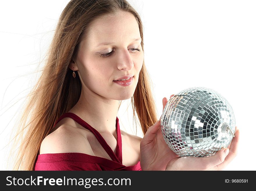 Young woman with Glass sphere isolated on white background