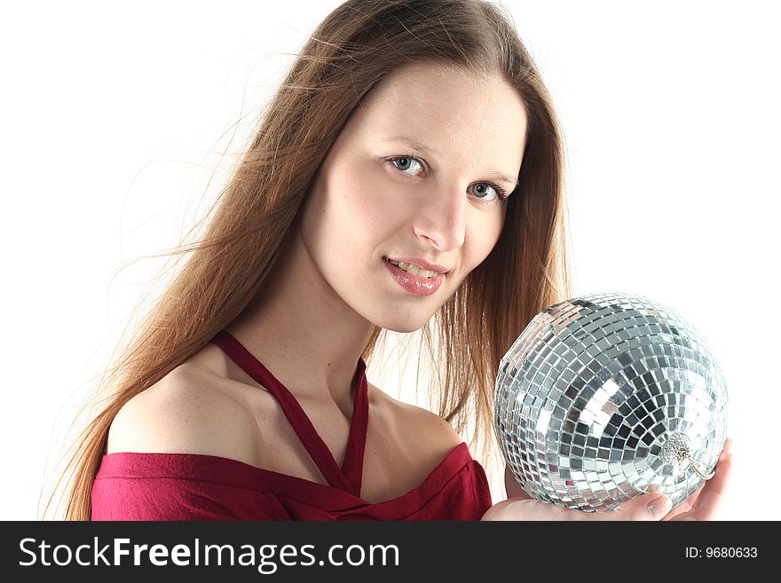 Young woman with Glass sphere isolated on white background