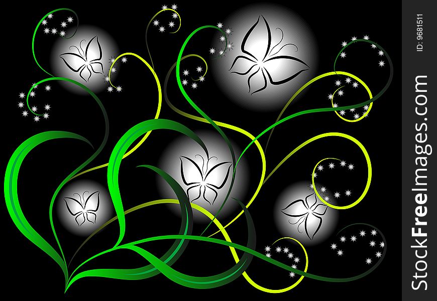 Background with a vegetative ornament and moths in a vector