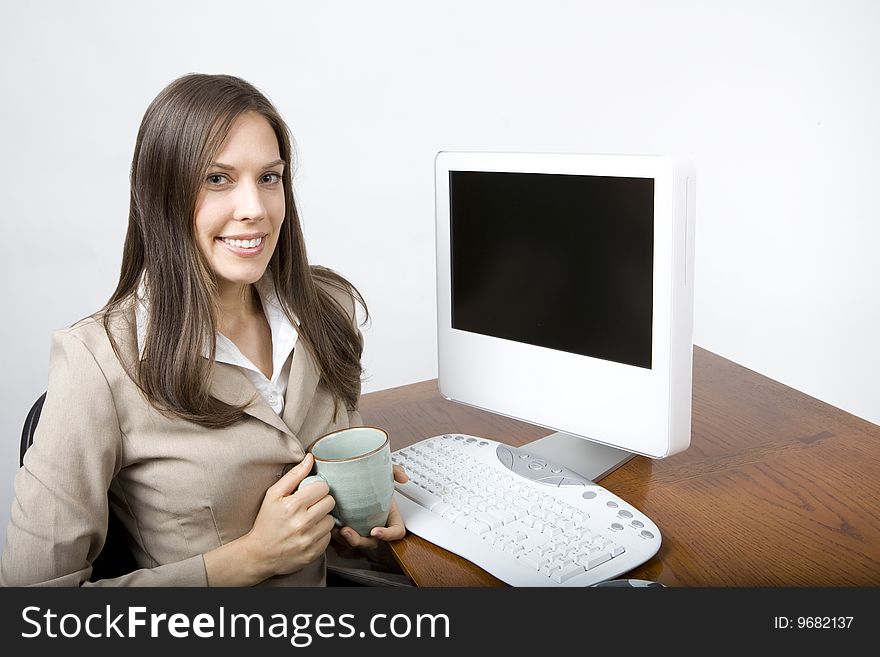 Confident Young Caucasian Corporate Lady Office Worker Computing. Confident Young Caucasian Corporate Lady Office Worker Computing