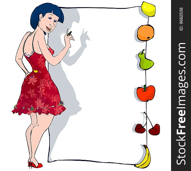 A smiling girl, with a red dress decorate by flowers is holding a charcoal in front of a panel, with different kind of fruit on it. A smiling girl, with a red dress decorate by flowers is holding a charcoal in front of a panel, with different kind of fruit on it