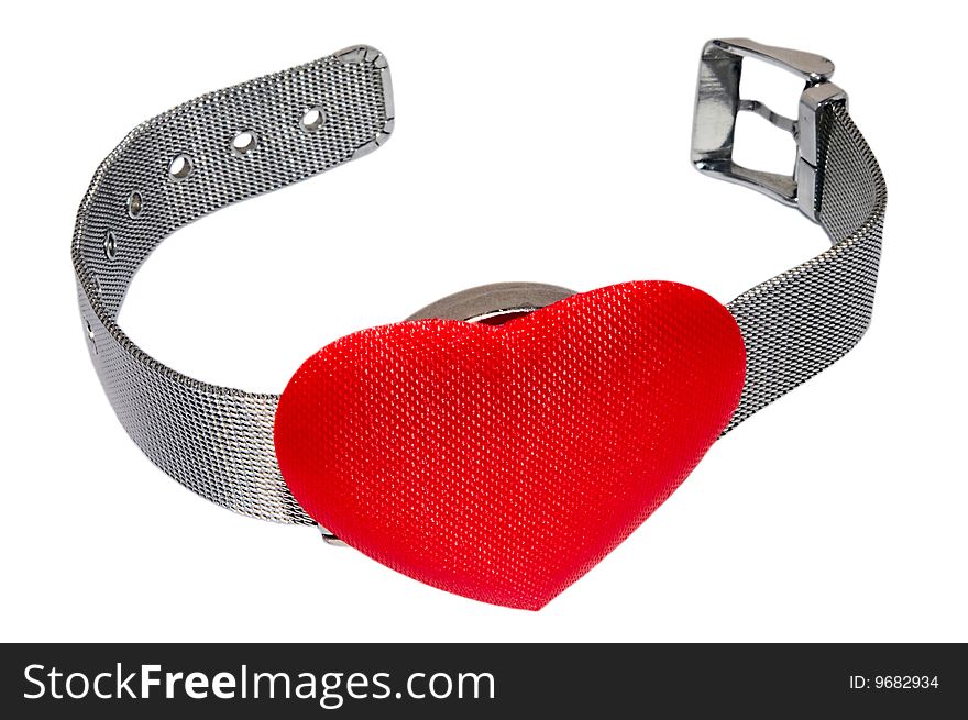 Wristwatch with red heart instead of clock plate isolated on the white. Wristlet is open. Wristwatch with red heart instead of clock plate isolated on the white. Wristlet is open.