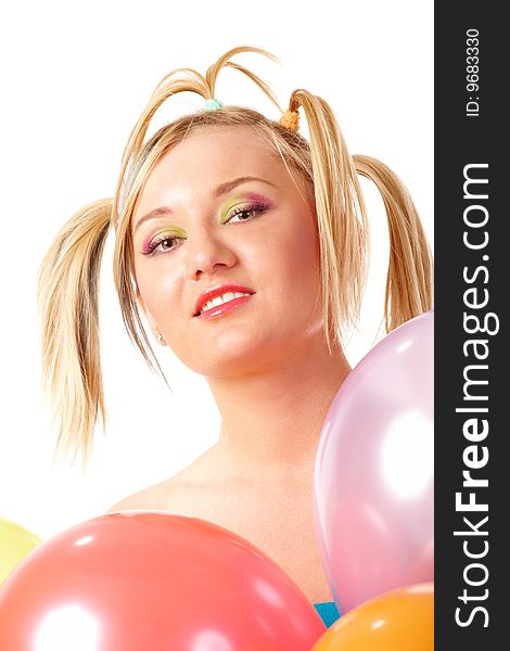 Funny looking girl with balloons
