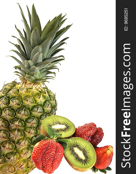 Cut kiwi, strawberry and pineapple isolated over white. Cut kiwi, strawberry and pineapple isolated over white.