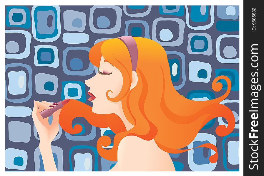 Illustration of beautiful girl applying lipstick